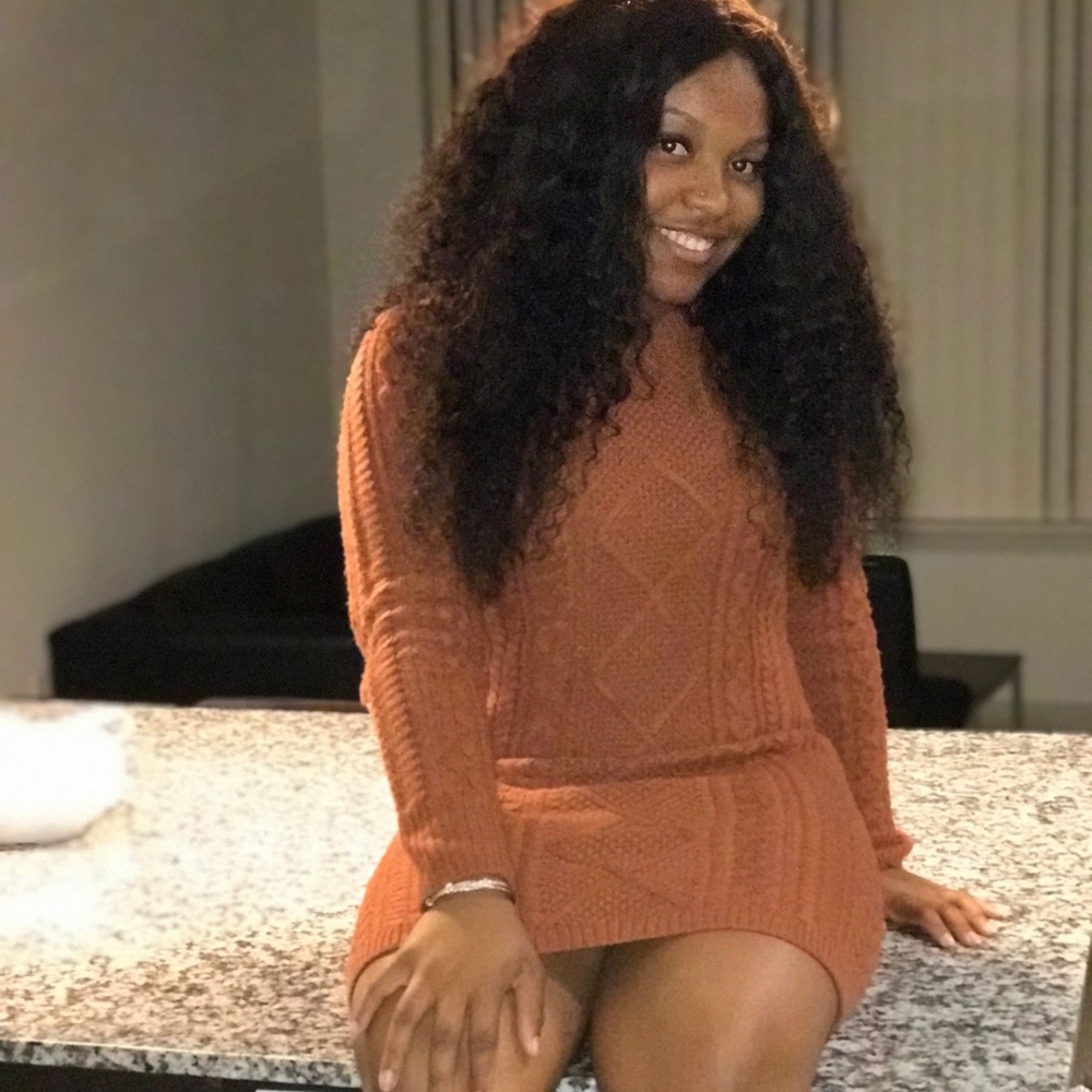 orange sweater dress.
